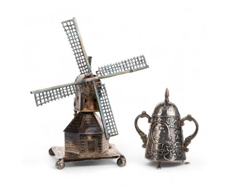 DUTCH SILVER MODEL WINDMILL, along with a Dutch silver pot (2)the windmill 11.5cm highQty: 21g gross