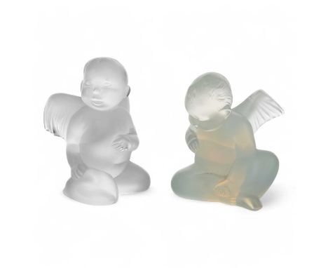 LALIQUE FRANCE, TWO PUTTI GLASS FIGURES, CONTEMPORARY one frosted, the other opalescent, engraved signaturesthe larger 8.2cm 