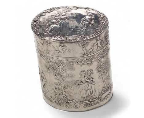 DUTCH SILVER TEA CADDY, WITH IMPORT MARKS  of oval form with hinged lid, embossed allover with scenes of lovers in garden set