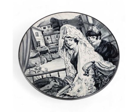 I. ZULOAGA (SPANISH), MONOCHROME POTTERY CHARGER, MID-20TH CENTURY believed Ignacio Zuloaga, decorated with a portrait of two