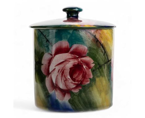 WEMYSS WARE, 'JAZZY' BISCUIT BARREL AND COVER, 1930-39 of cylindrical form, painted with cabbage roses to Jazzy ground, signe