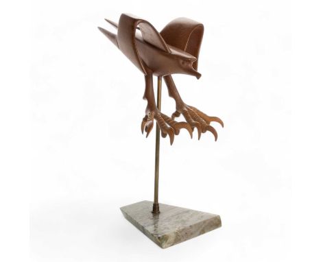 CONTEMPORARY BIRD SCULPTURE, possibly by Pit Ken, fixed to a marble plynth39.5cm high