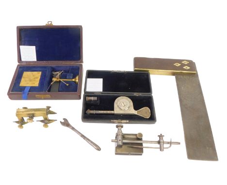A John Nesbitt Ltd yarn balance, in fitted case, together with an LS Starrett stop motion counter, a watch maker's depthening
