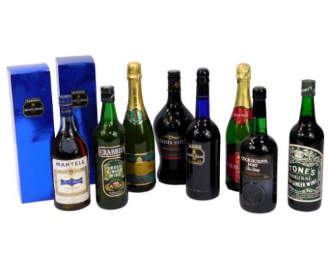 A group of alcohol, comprising three bottles of Harvey's Bristol Cream, Kirsberry, Stone's Green Ginger wine, sparkling wine,