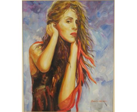 Angela Coleman (20thC School). Portrait study of a lady wearing red dress, oil on board, signed, 63cm x 51cm.