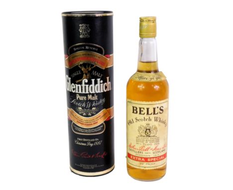 A bottle of Glenfiddich Pure Malt Scotch whisky, special reserve, 40% vol, 75cl, boxed, together with a bottle of Bell's Old 