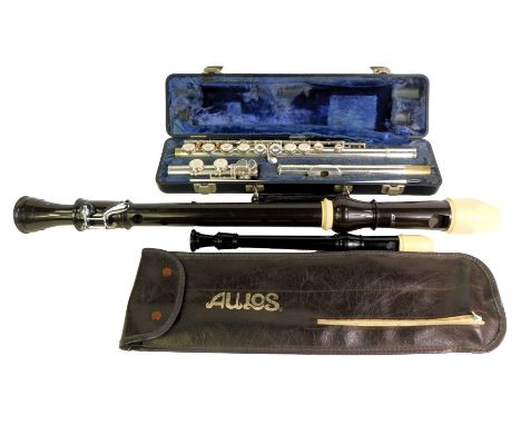 An Elkhart Gemeinharatt flute, 2SP, E88259, in case, together with a recorder, and an Allos treble recorder.