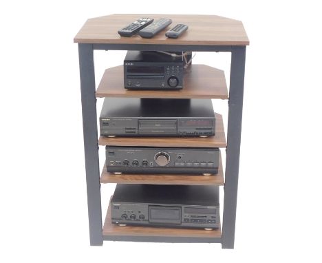 A Technic sound system, comprising a compact disc player and a stereo cassette deck, together with a Denon CD receiver, a Mos
