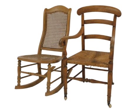 A 19thC beech country made chair, ladder back rush seat, on turned legs united by stretchers, on castors, together with a 20t