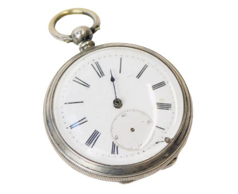 A late 19thC gentleman's silver cased pocket watch, open faced, key wind, circular enamel dial bearing Roman numerals, subsid