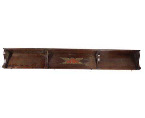A 20thC oak shelf, formally from a sideboard, the top with a moulded edge above a shelf, on shaped supports, sign written for