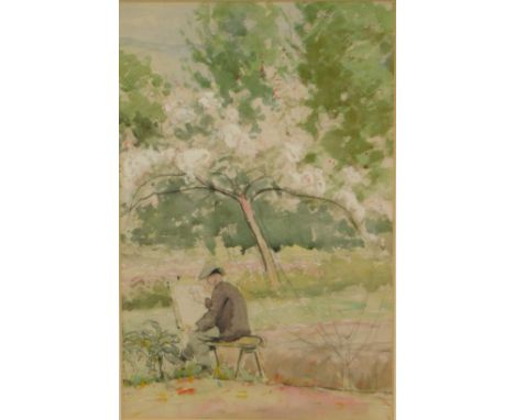 Franklin White (early 20thC School). Self-portrait study depicting an artist at an easel in a landscape setting, watercolour,