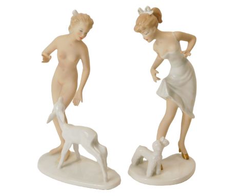 A Wallendorf porcelain figure modelled as a woman wearing dress beside Poodle, printed marks, 23.5cm high, together with a nu