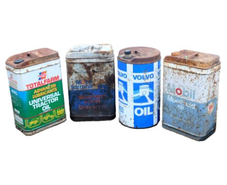 Various oil cans, to include Total Advance Lubricant for Universal Tractor Oil Mobil Farm Oil, Volvo, etc. (4)