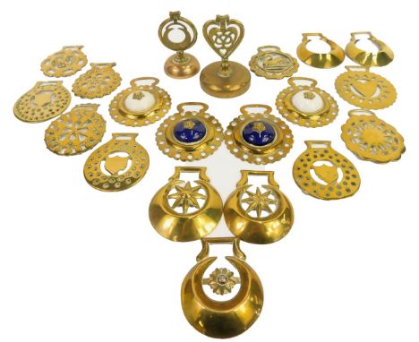 A group of horse brasses, to include some with ceramic blue and white central roundels, etc. (1 box) 
