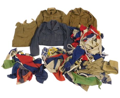 Military uniform, to include a blue RAF jacket, various wool army jackets, signalling and other military pennants, no.1 army 