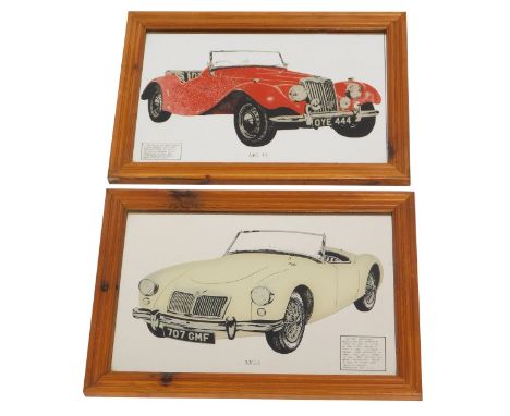 Two automobile related mirrors, depicting an MG TF and an MG A, 26cm x 38.5cm, each in a pine frame.