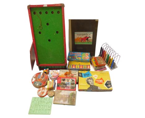 Bygone games, to include Totopoly, Halma, an abacus with coloured beads, chess, Junior Joe Davis bagatelle board, etc. (1 box