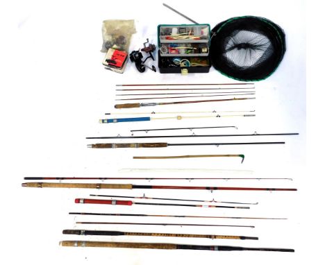 Various fishing tackle, including cantilever box containing peacock quill floats, hooks, Intrepid Black Prince reel, nets, ba