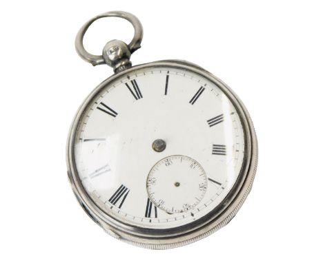 A late 19thC gentleman's silver cased pocket watch, open faced, key wind, circular enamel dial bearing Roman numerals, subsid