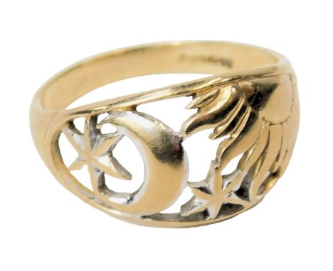 A 9ct gold ring, engraved and cut with the rising sun, moon and stars, size K, 2.0g. 