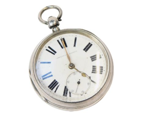A late 19thC gentleman's silver cased pocket watch, open faced, key wind, circular enamel dial bearing Roman numerals, subsid