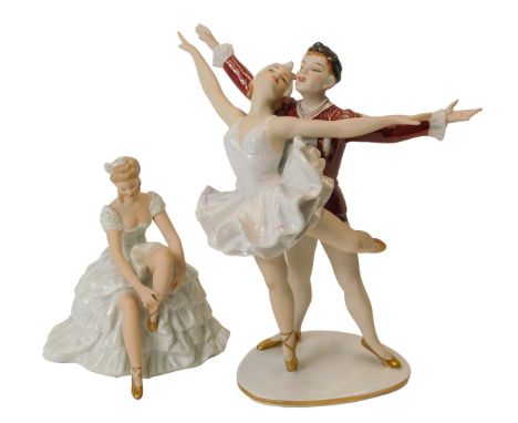 A Wallendorf porcelain figure group, modelled as a male and female ballerina, number 1707, printed marks, 26.5cm high, (AF), 