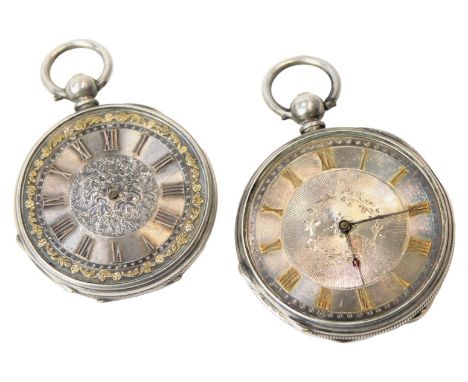 A late 19thC lady's silver cased pocket watch, open faced, key wind, circular silvered dial with foliate engraving, chapter r