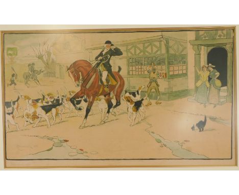 After M Drummond. Hunting related scene depicting figure on horseback surrounded by hounds before pub, print, 46cm x 70cm. 