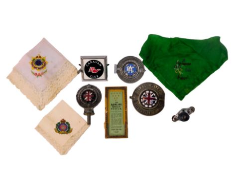 A Royal Automobile Club Association cast metal and enamel car mascot, CZ5004Z, together with two car badges for the RAC, a Ca