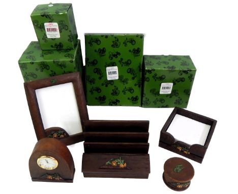 A group of John Deere collectables, to include notepad, holder, photograph frame, mantel clock, letter rack, etc., some boxed