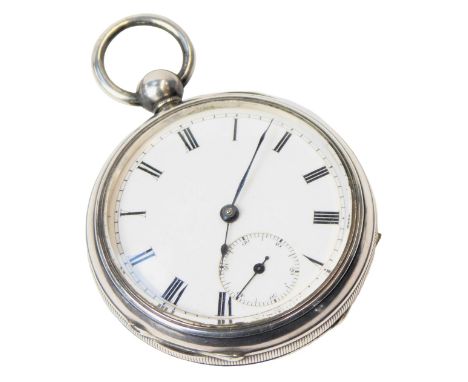 A late 19thC gentleman's silver cased pocket watch, open faced, keyless wind, circular enamel dial bearing Roman numerals, su