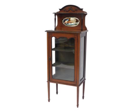 An Edwardian mahogany and line inlaid display cabinet, the shaped top with bow and swag decoration, with upper shelf and turn