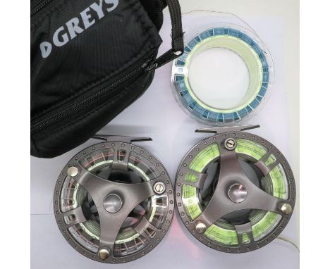 Two Greys GTS700 fly reels and a spare spool, all with dry fly line. P&amp;P Group 3 (£25+VAT for the first lot and £5+VAT fo