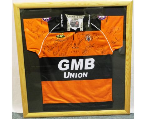 Framed Castleford Tigers Rugby Union orange and black Kukri shirt, GMB Union, signed, 90 x 95 cm. P&amp;P Group 1 (£14+VAT fo