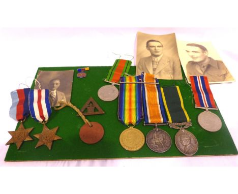 Family medal group: 4364 Pte P Hughes, South Lancashire Regiment WWI medal pair, with War Service pin badge and silver enamel