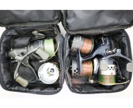 Two Okuma Interceptor Pro bait runner reels and three spare spools. P&amp;P Group 2 (£18+VAT for the first lot and £3+VAT for