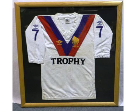 Framed 1989 France No 7 Rugby white, red and blue trim Umbro shirt, Trophy, Andy Gregory, 88.5 x 93 cm. P&amp;P Group 1 (£14+