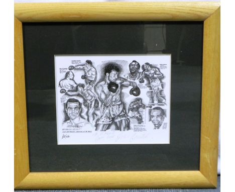 Black and white photographs of Light Heavyweight Champions of The World boxers, signed to Rob from John Conteh, 48.5 x 44 cm.