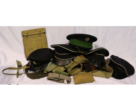 Quantity of WWII and later visor caps, webbing and uniform components. P&amp;P Group 3 (£25+VAT for the first lot and £5+VAT 