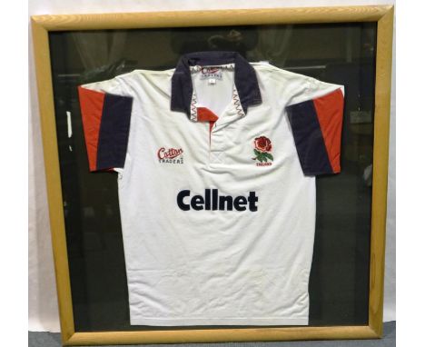 Framed England Rugby Union white with red and blue trim short sleeved Cotton Traders shirt (Cellnet) signed by Rory Underwood