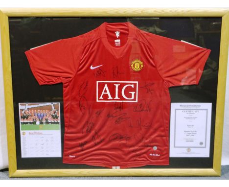 Framed Manchester United FC red Nike shirt (AIG) signed, certificate of authenticity, 2007-08 squad photo with names and sign