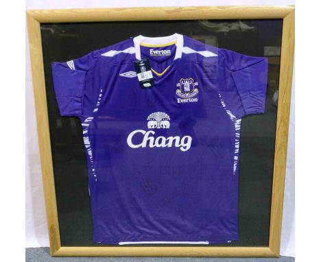 Framed Everton FC blue Umbro shirt (Chang), signed, 89 x 93 cm. P&amp;P Group 1 (£14+VAT for the first lot and £1+VAT for sub