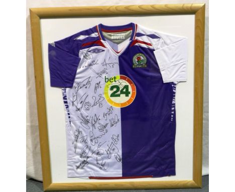 Framed Blackburn Rovers Football Club blue and white Umbro shirt, Bet 24, signed, 78 x 88.5 cm. P&amp;P Group 1 (£14+VAT for 