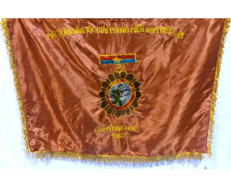 Vietnam war period embroidered silk victory banner, fringed, 60 x 90 cm. P&amp;P Group 1 (£14+VAT for the first lot and £1+VA
