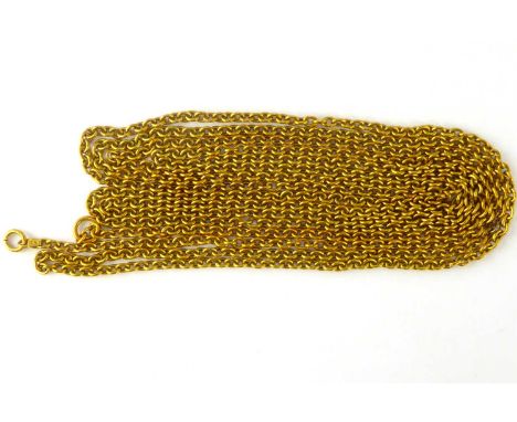 A 15ct gold dainty muff chain, with ring clasp, length 132cm, approx. 20.6g.