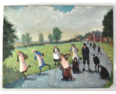 G. MARTIN (20th century); oil on board, scene of Edwardian children playing on a path, with buildings to background, signed l