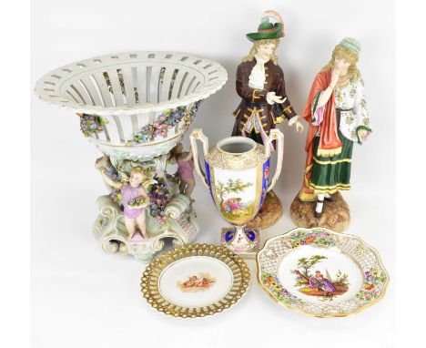 Six items of 19th and early 20th century Continental, mostly German, porcelain, to include a Dresden-style table centrepiece 