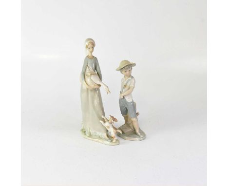 LLADRÓ; a figure of a young lady holding a duck, with a small puppy by her feet, also a Nao figure of a young boy holding a c