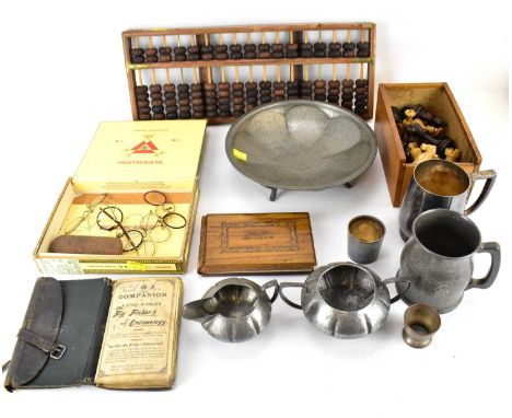 Various mixed collectibles to include a large Indian abacus, brass bound corners, length 47cm, various hammered pewter items 